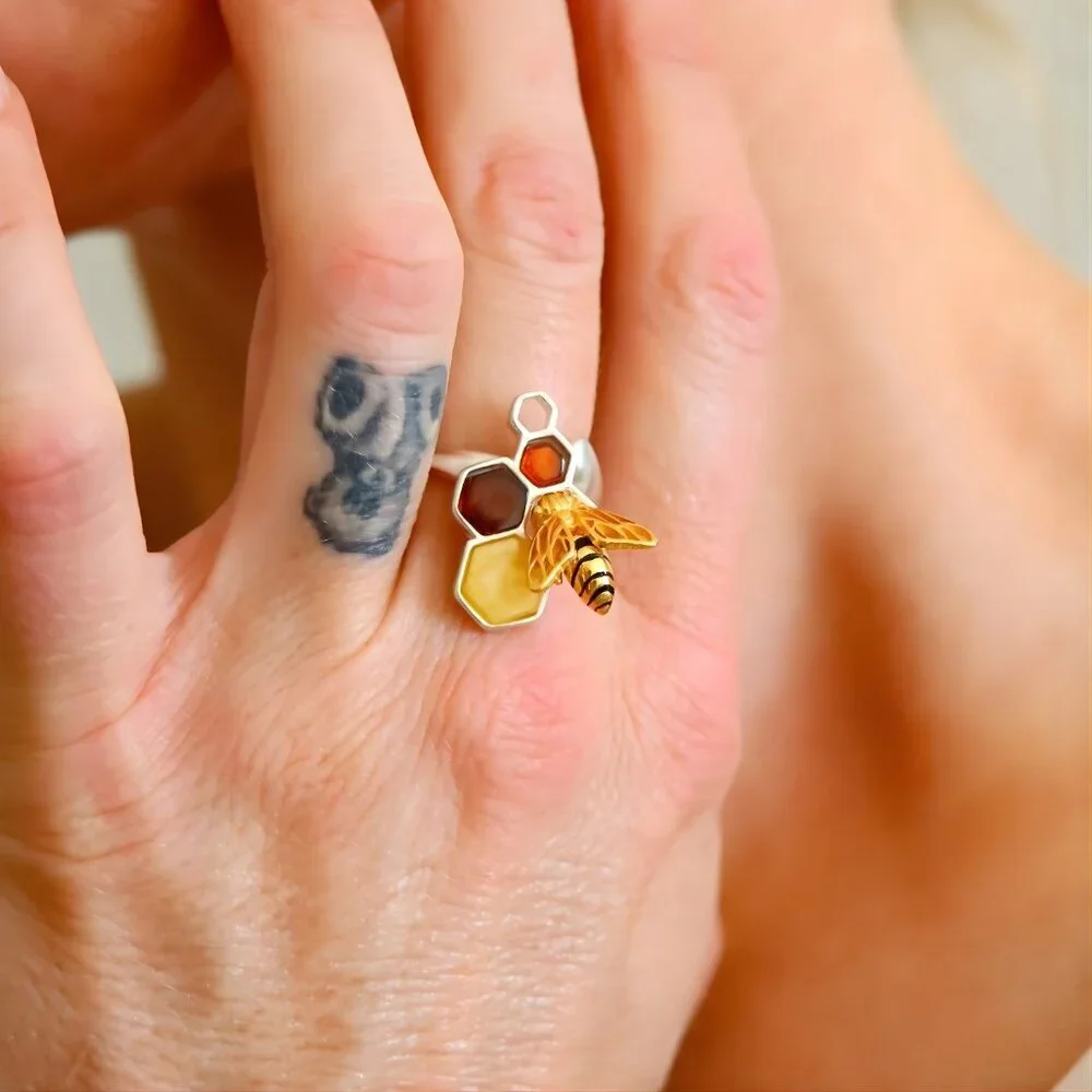 Baltic Amber Bee and Honeycomb Ring in Sterling Silver
